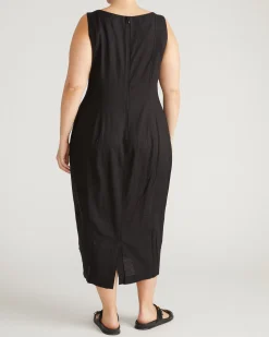 Saulay Square Neck Linen Blend Midi Dress Black