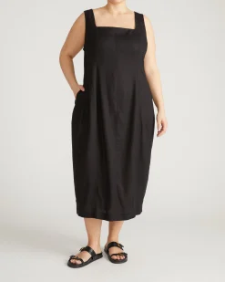 Saulay Square Neck Linen Blend Midi Dress Black