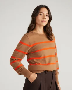 Savvy Fine Knit Crew Sweater Classic Camel/Poppy Stripe