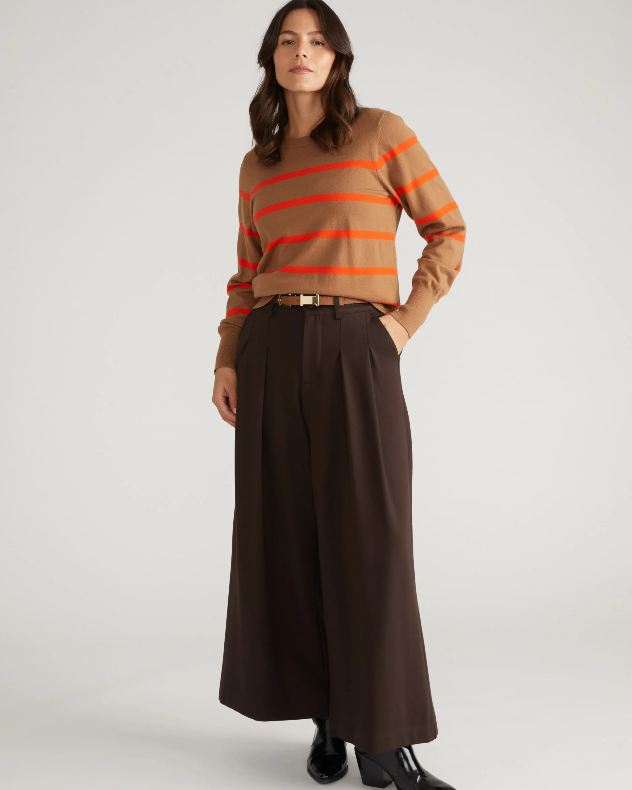 Savvy Fine Knit Crew Sweater Classic Camel/Poppy Stripe