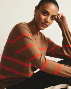 Savvy Fine Knit Crew Sweater Classic Camel/Poppy Stripe
