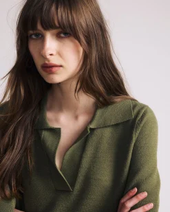 Savvy Fine Knit Short Sleeve Polo Sweater Olive Leaf