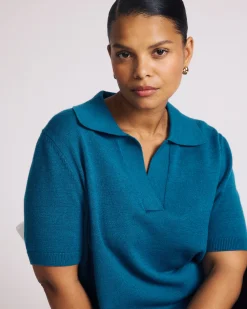 Savvy Fine Knit Short Sleeve Polo Sweater Blue Beetle