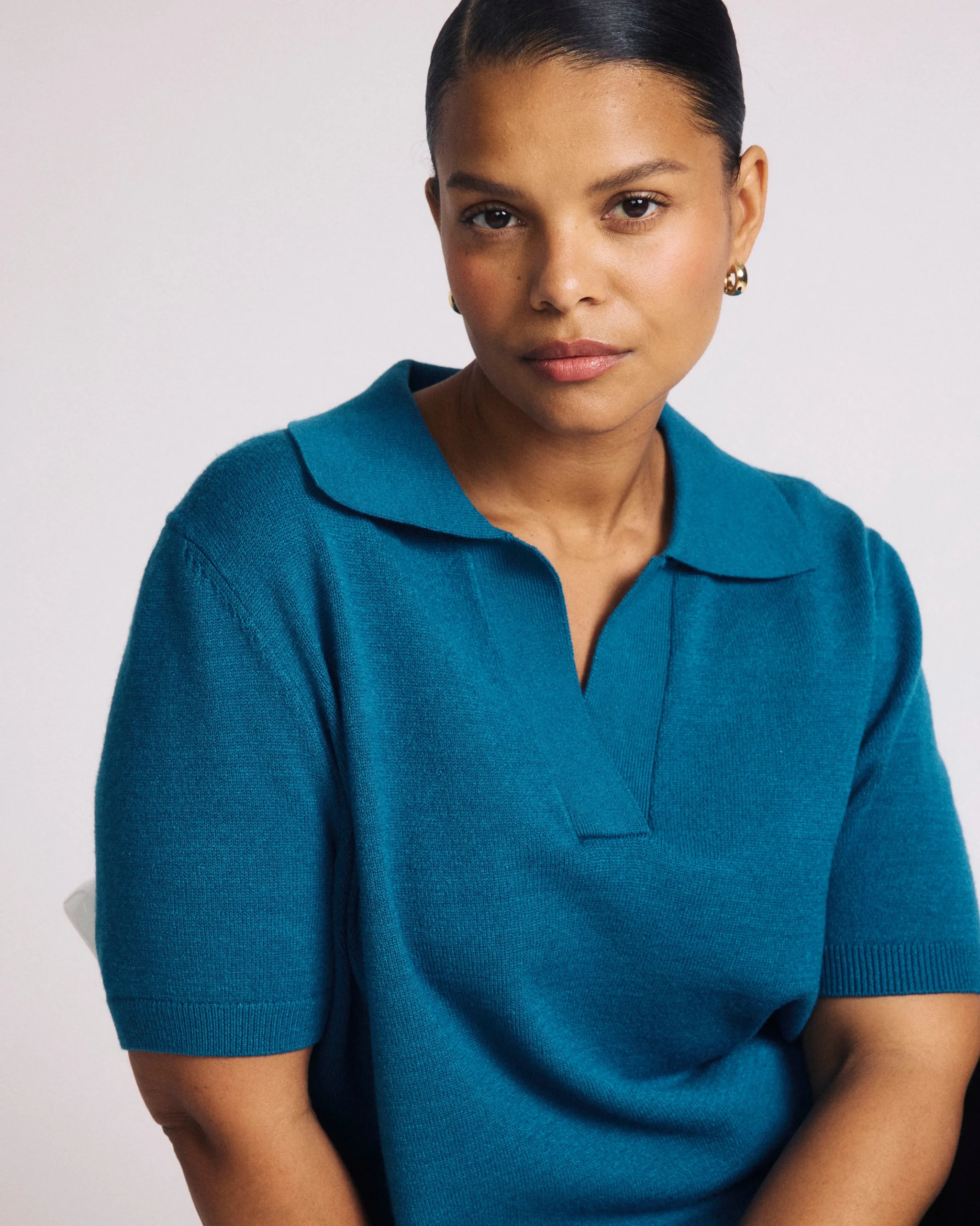 Savvy Fine Knit Short Sleeve Polo Sweater Blue Beetle
