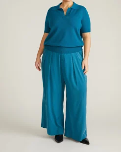 Savvy Fine Knit Short Sleeve Polo Sweater Blue Beetle