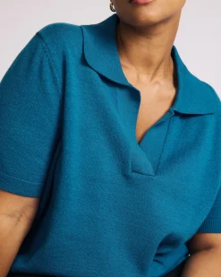 Savvy Fine Knit Short Sleeve Polo Sweater Blue Beetle