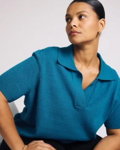 Savvy Fine Knit Short Sleeve Polo Sweater Blue Beetle