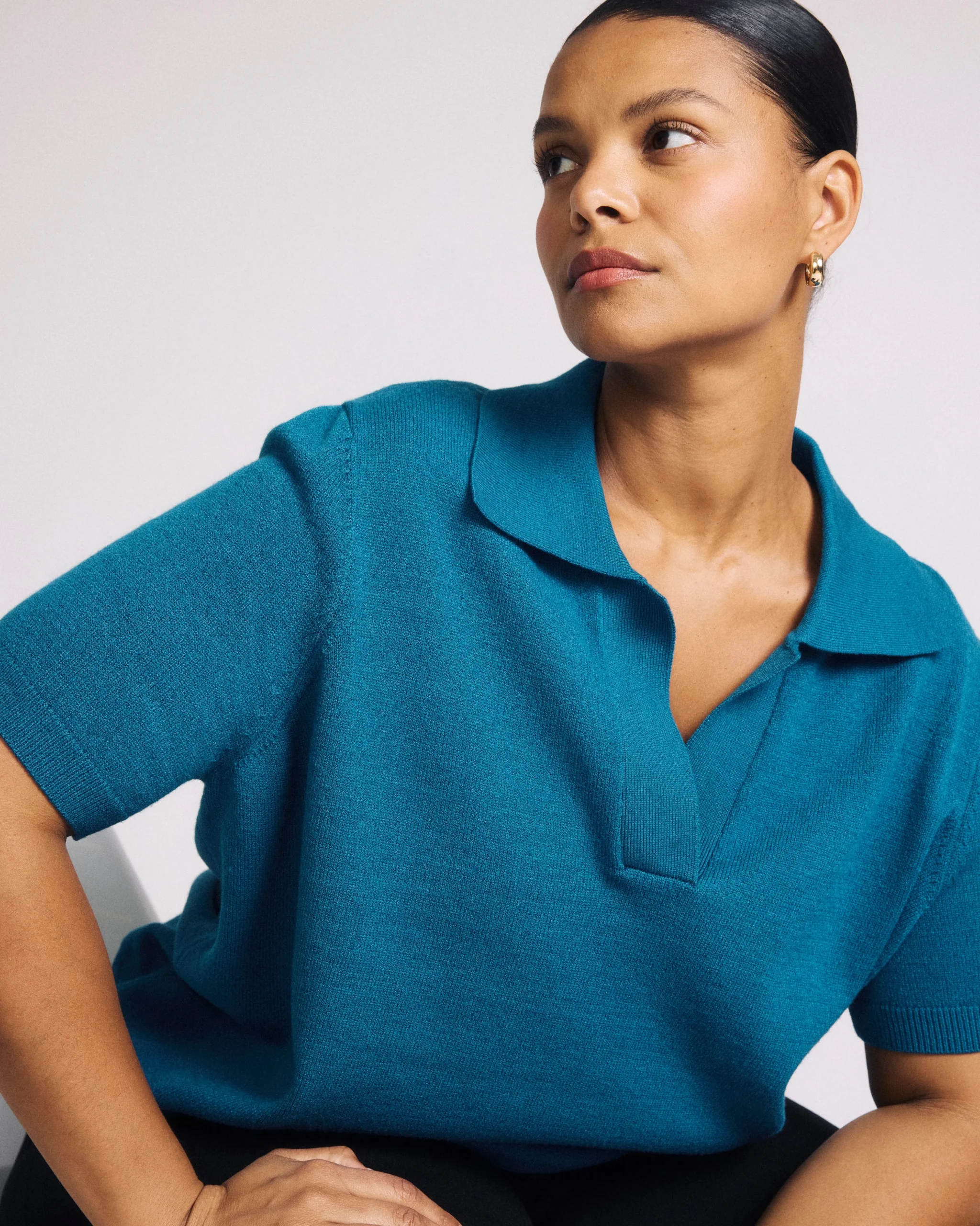 Savvy Fine Knit Short Sleeve Polo Sweater Blue Beetle