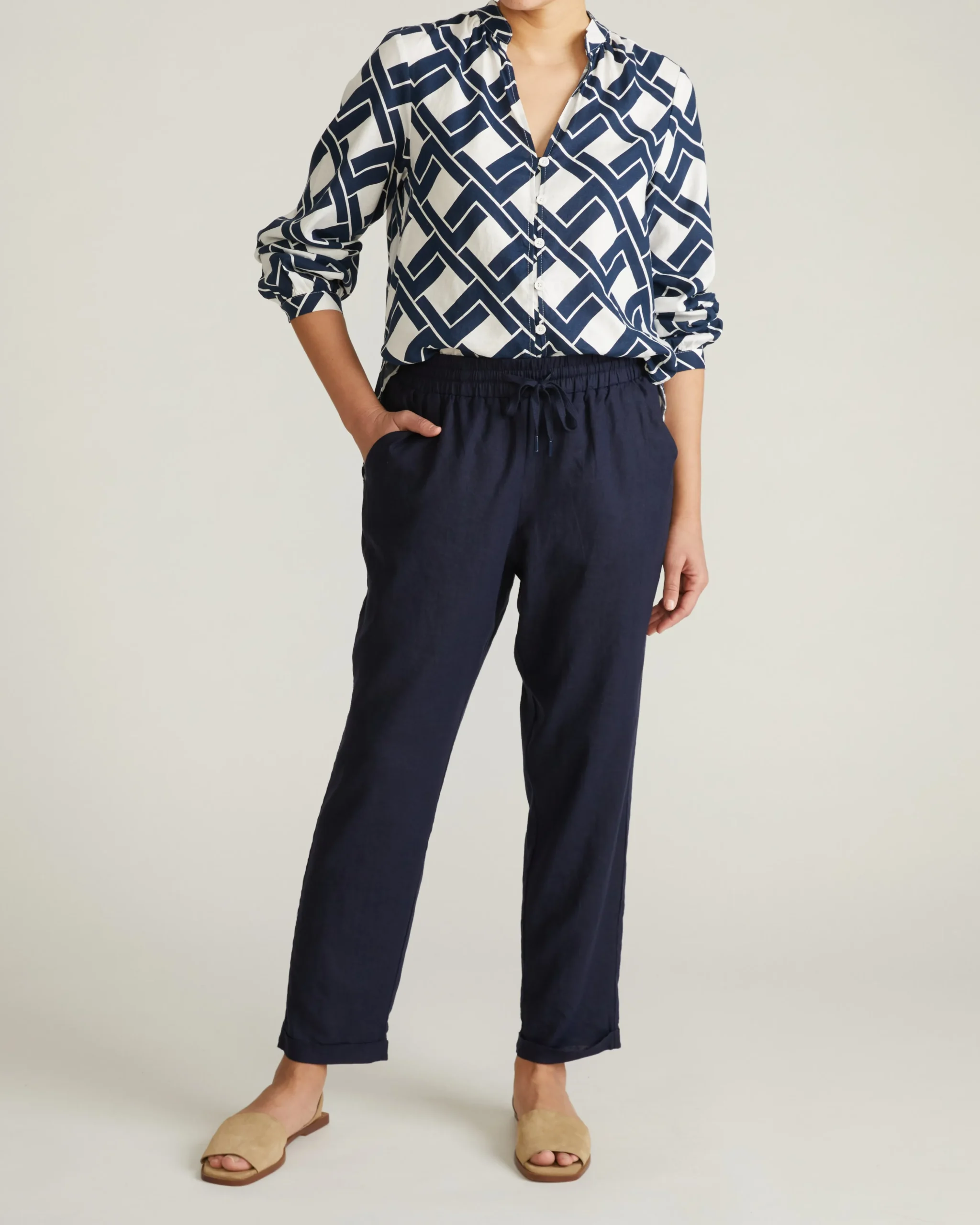 Sayville Linen Blend Drawstring Pant Navy