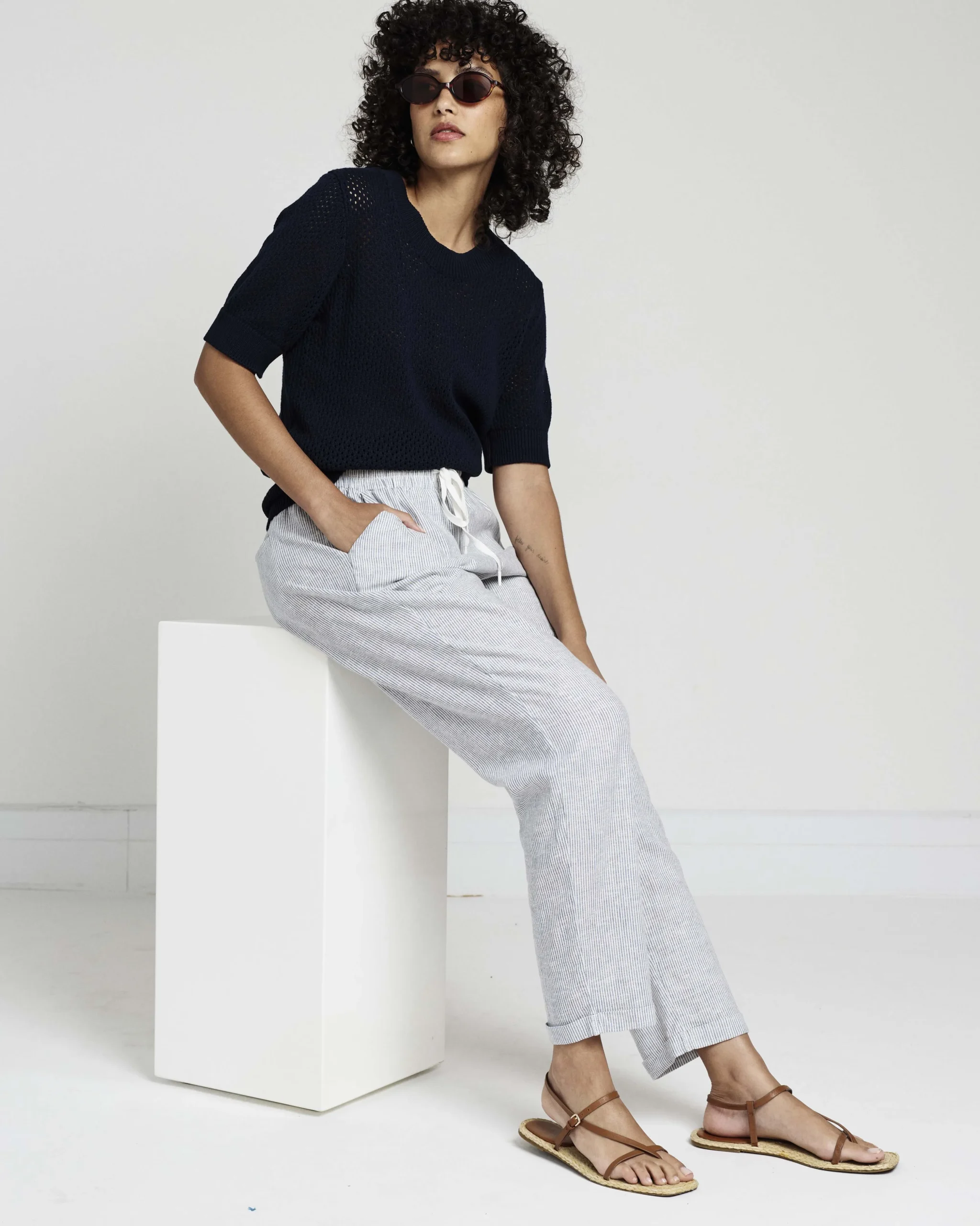 Sayville Linen Blend Drawstring Pant Beach Stripe