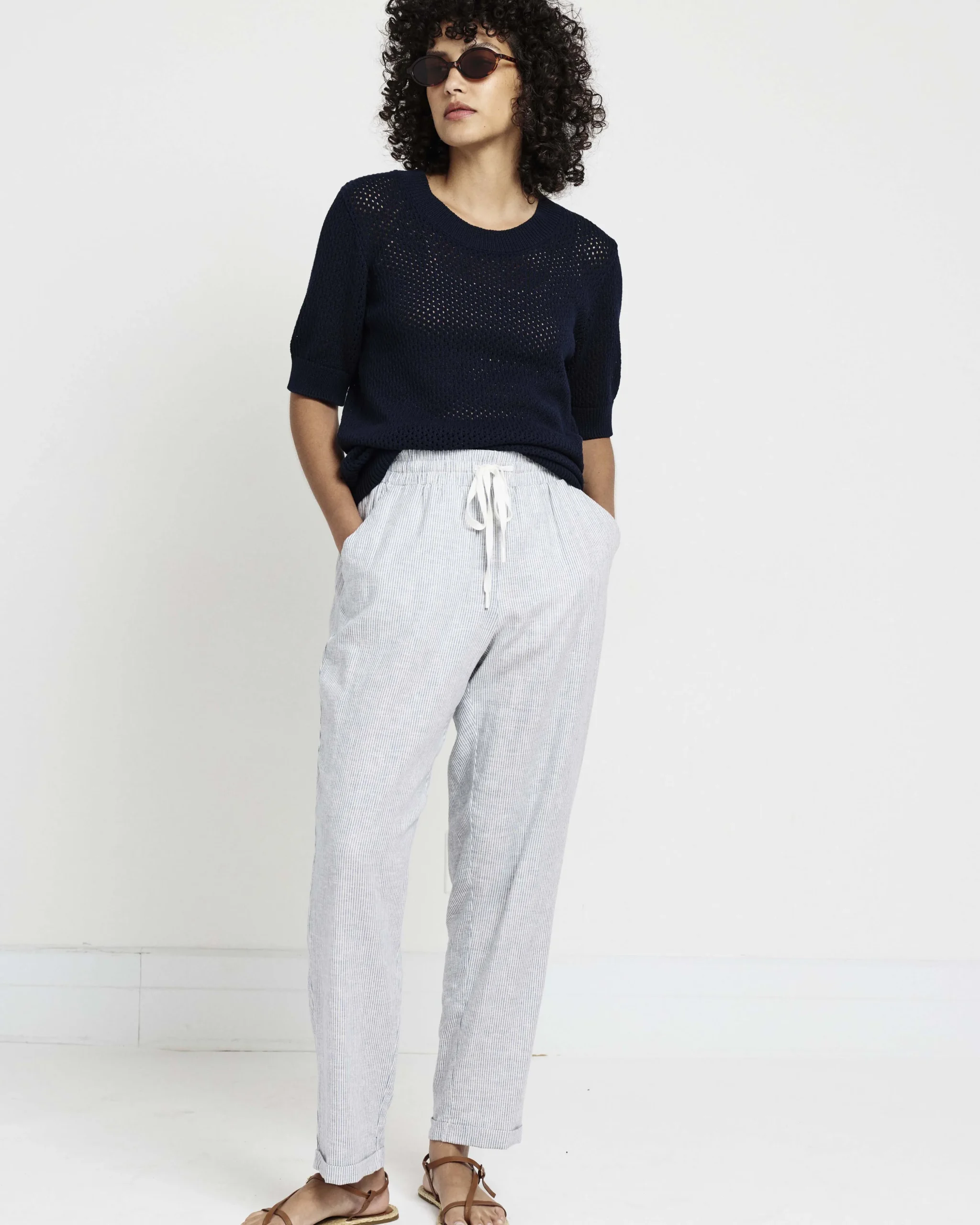 Sayville Linen Blend Drawstring Pant Beach Stripe