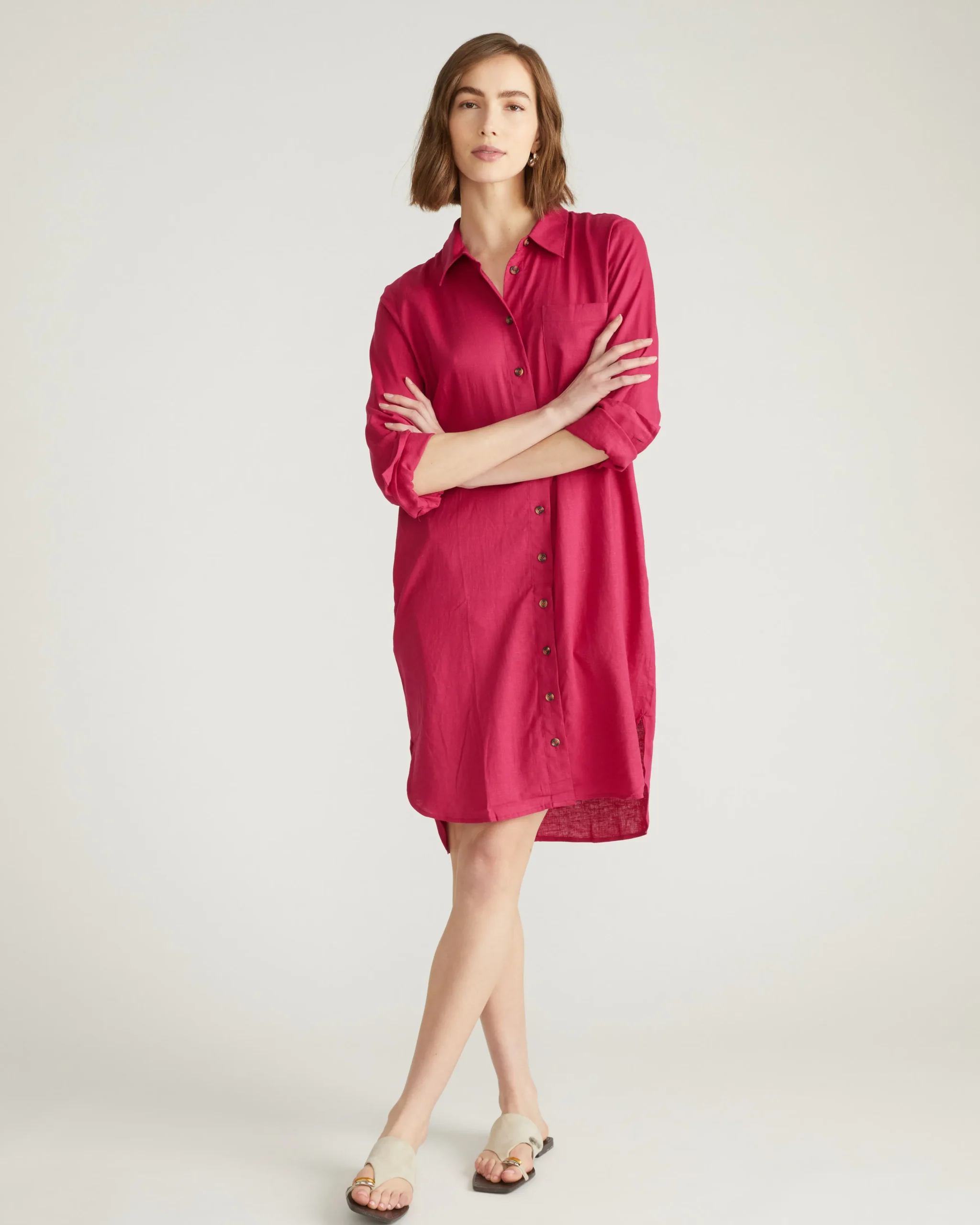 Seaside Linen Blend Shirtdress Cerise