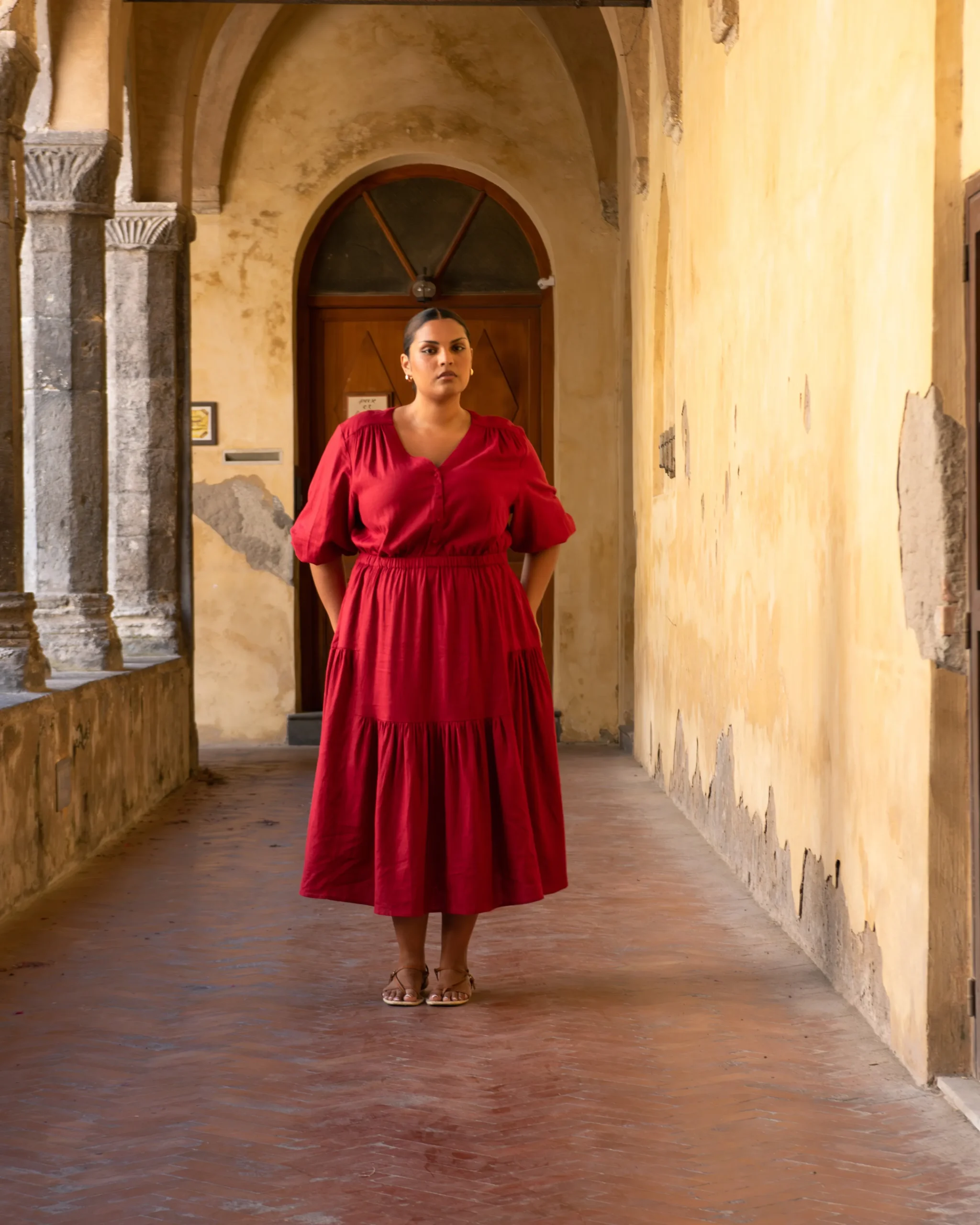 Sorrento Linen Blend Midi Dress Vibrant Red