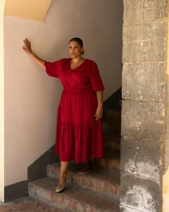 Sorrento Linen Blend Midi Dress Vibrant Red