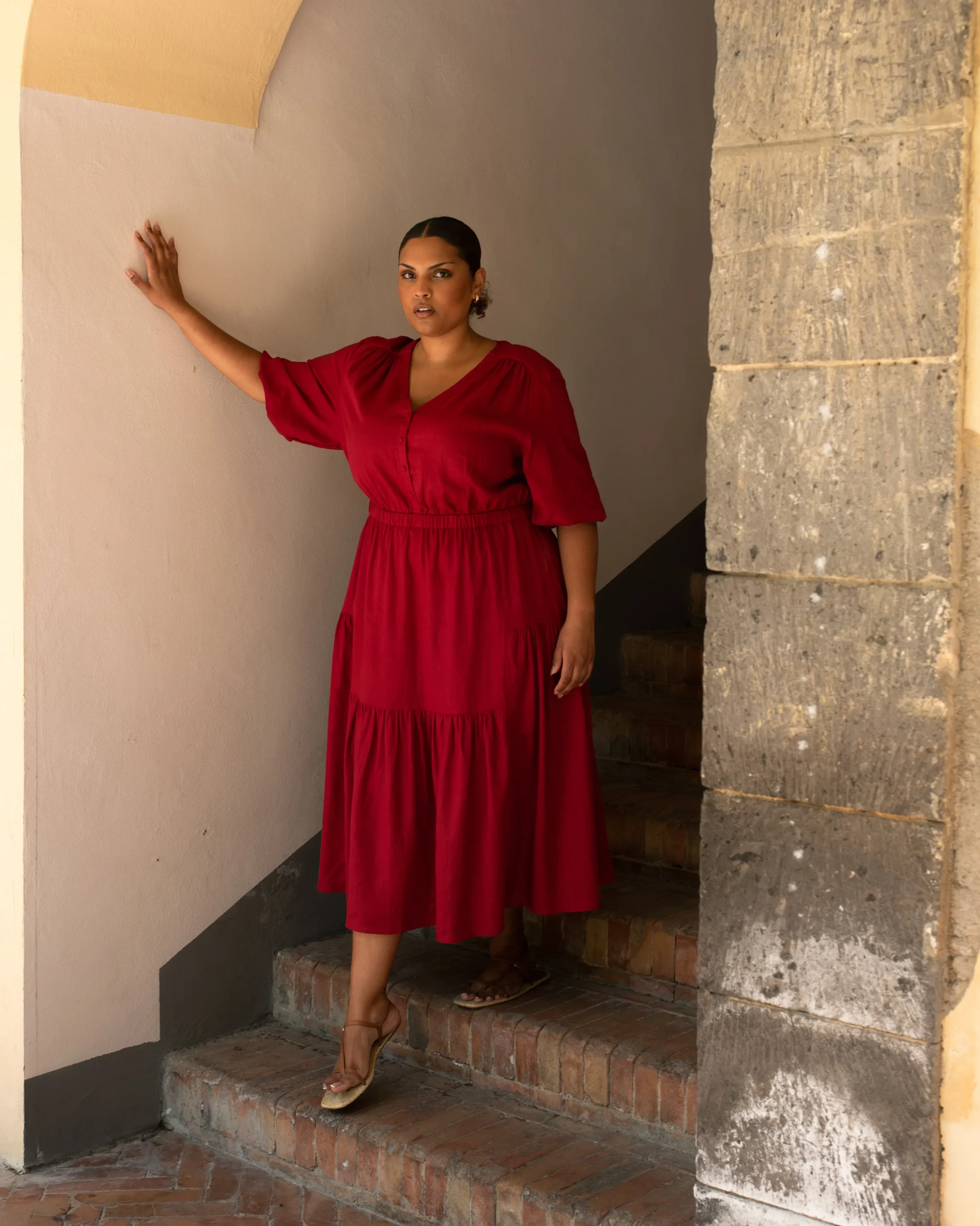 Sorrento Linen Blend Midi Dress Vibrant Red