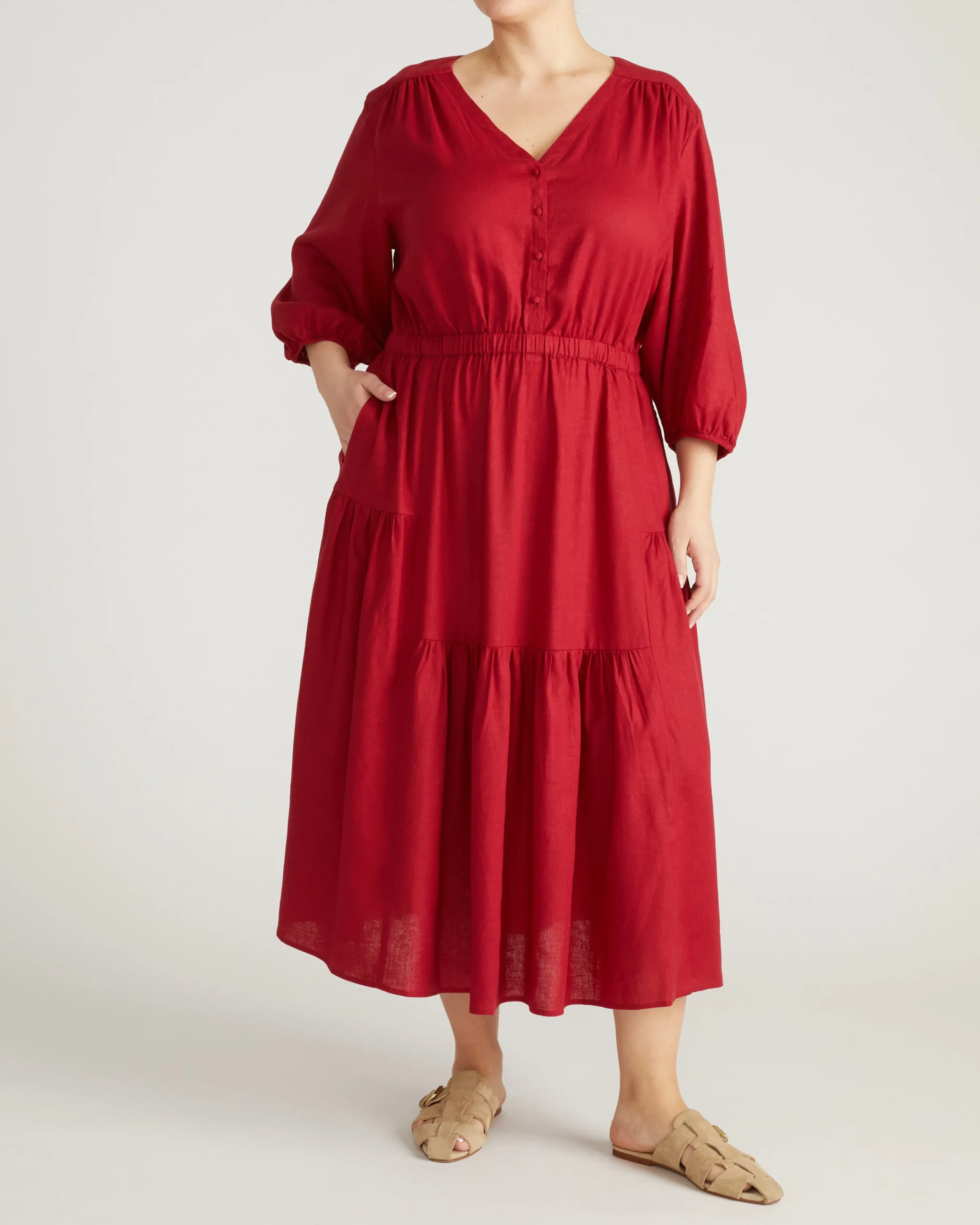 Sorrento Linen Blend Midi Dress Vibrant Red