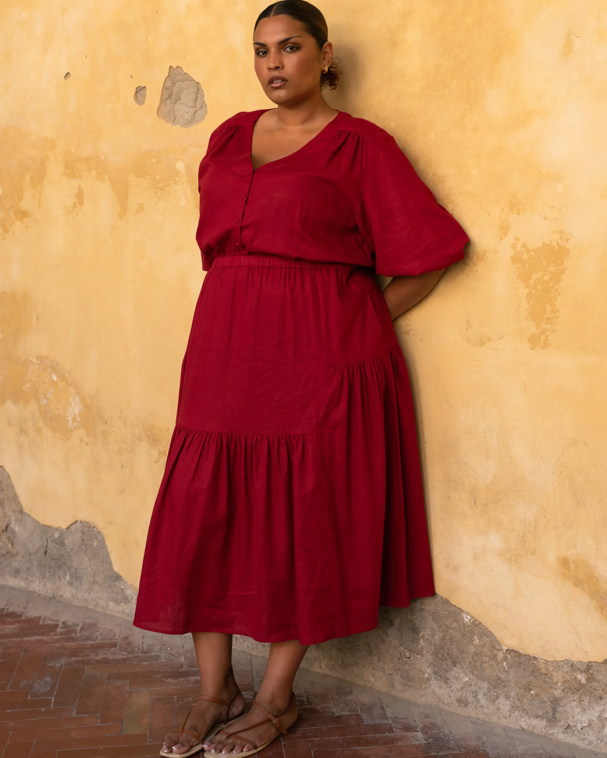 Sorrento Linen Blend Midi Dress Vibrant Red