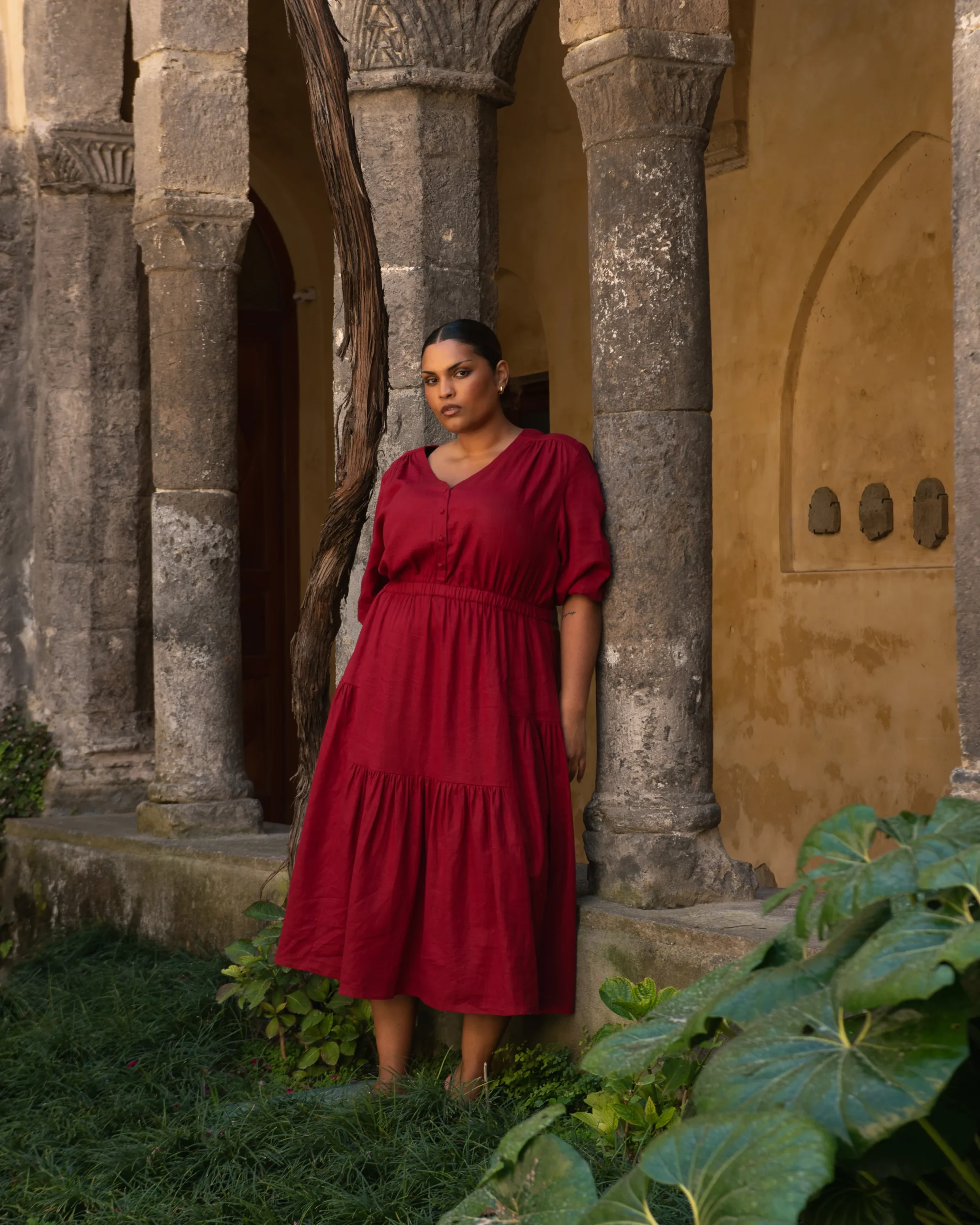 Sorrento Linen Blend Midi Dress Vibrant Red