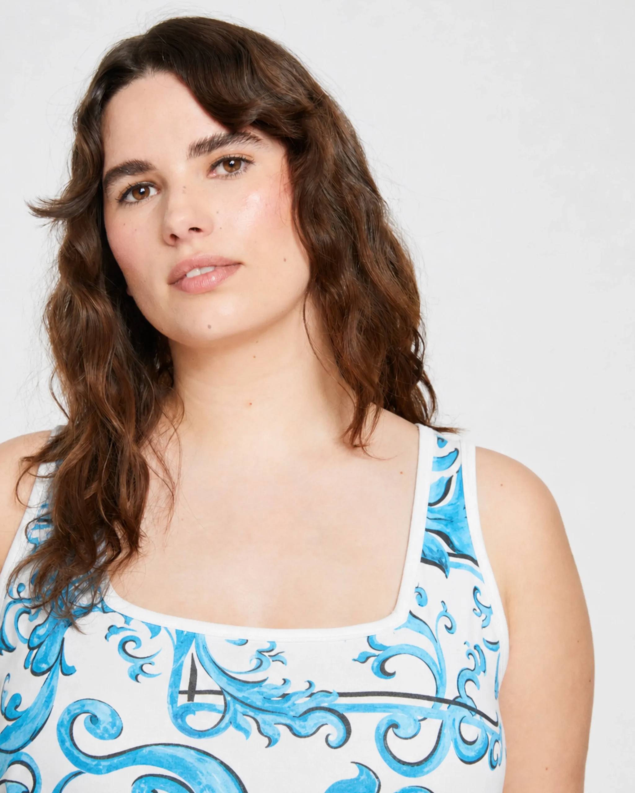 Square Neck Tank Top Blue Majolica Print