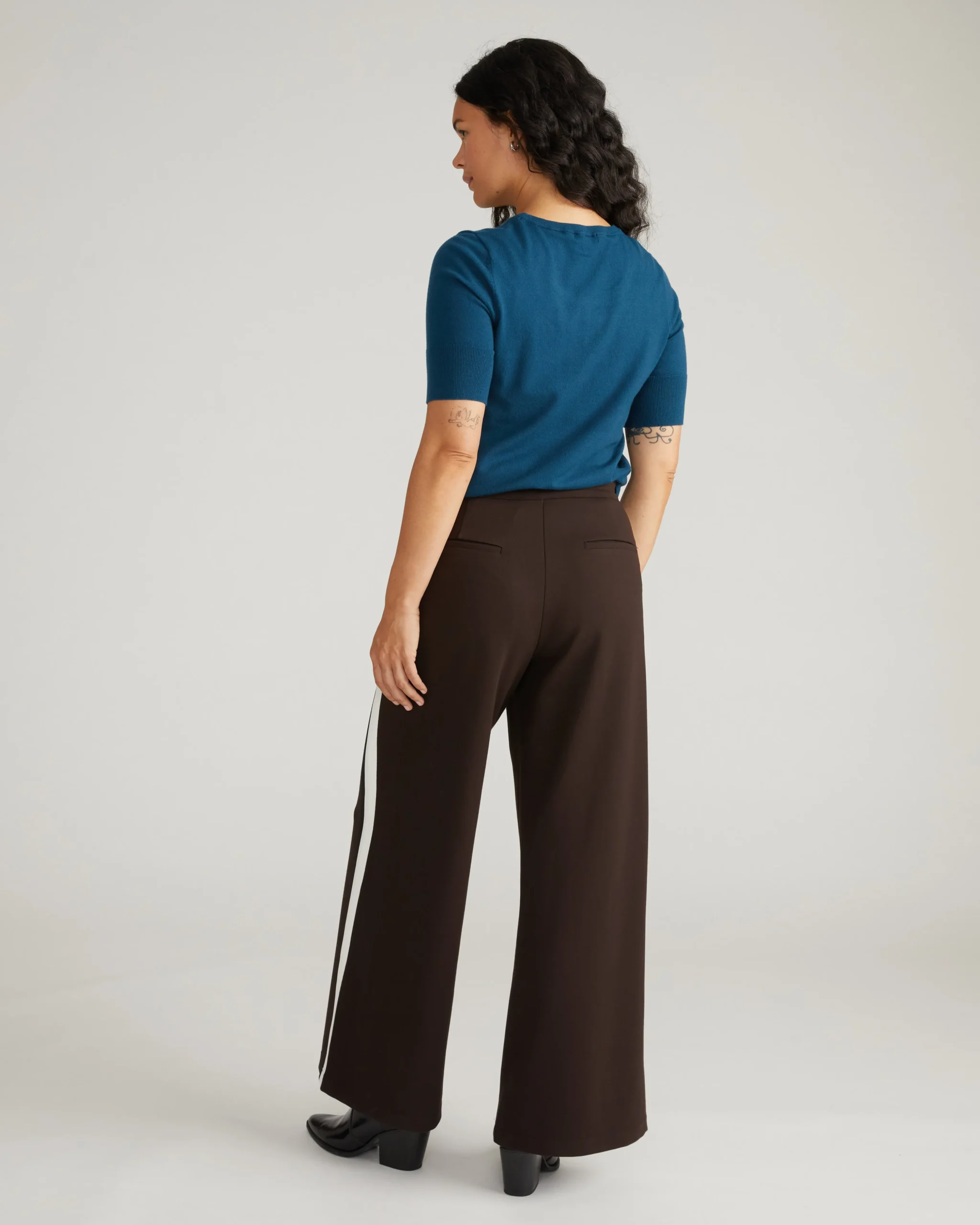 Stephanie Wide Leg Stripe Ponte Pants 30 Inch Espresso with Black/Ecru Stripe