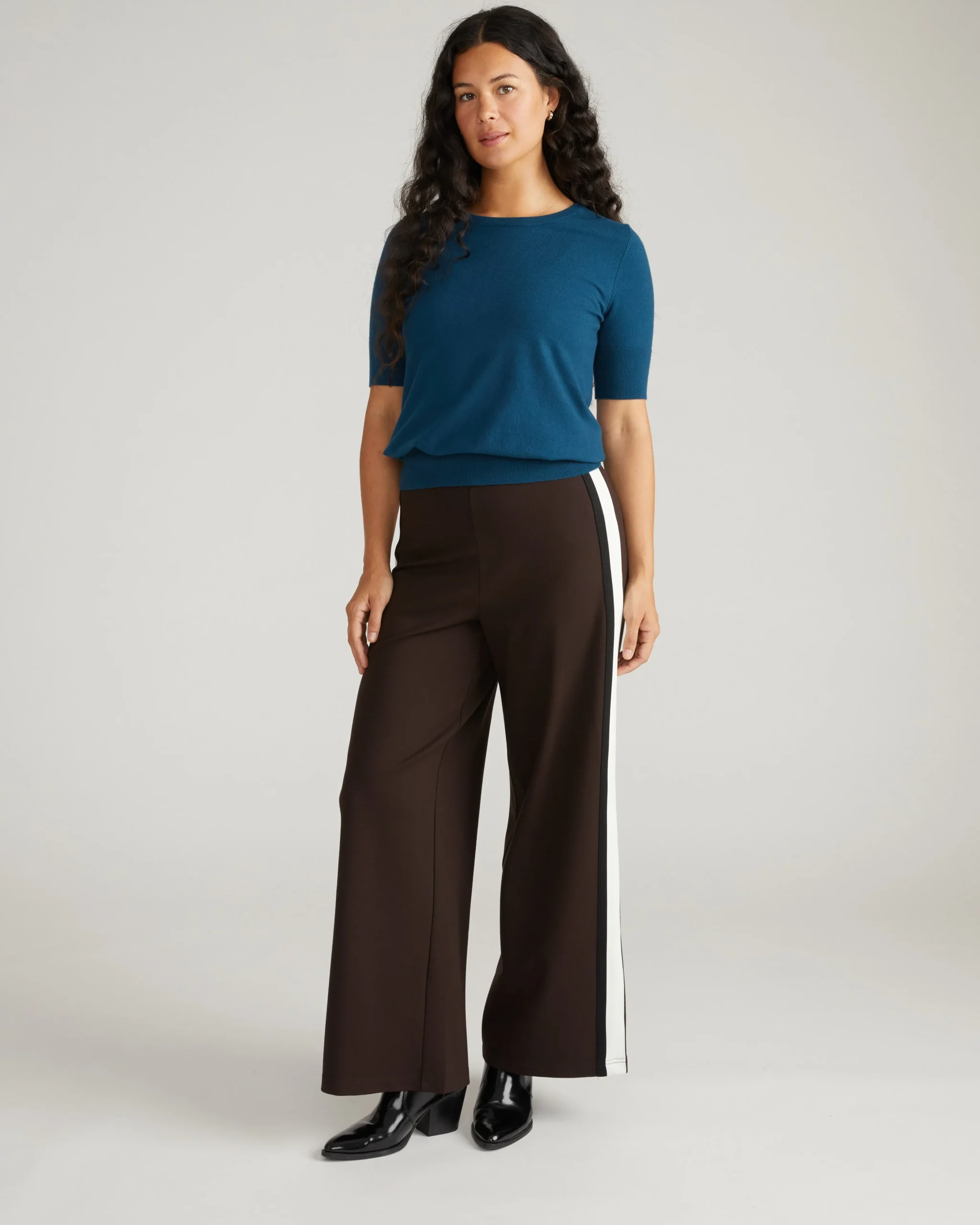 Stephanie Wide Leg Stripe Ponte Pants 30 Inch Espresso with Black/Ecru Stripe