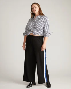 Stephanie Wide Leg Stripe Ponte Pants 30 Inch Black with Blue/White Stripe