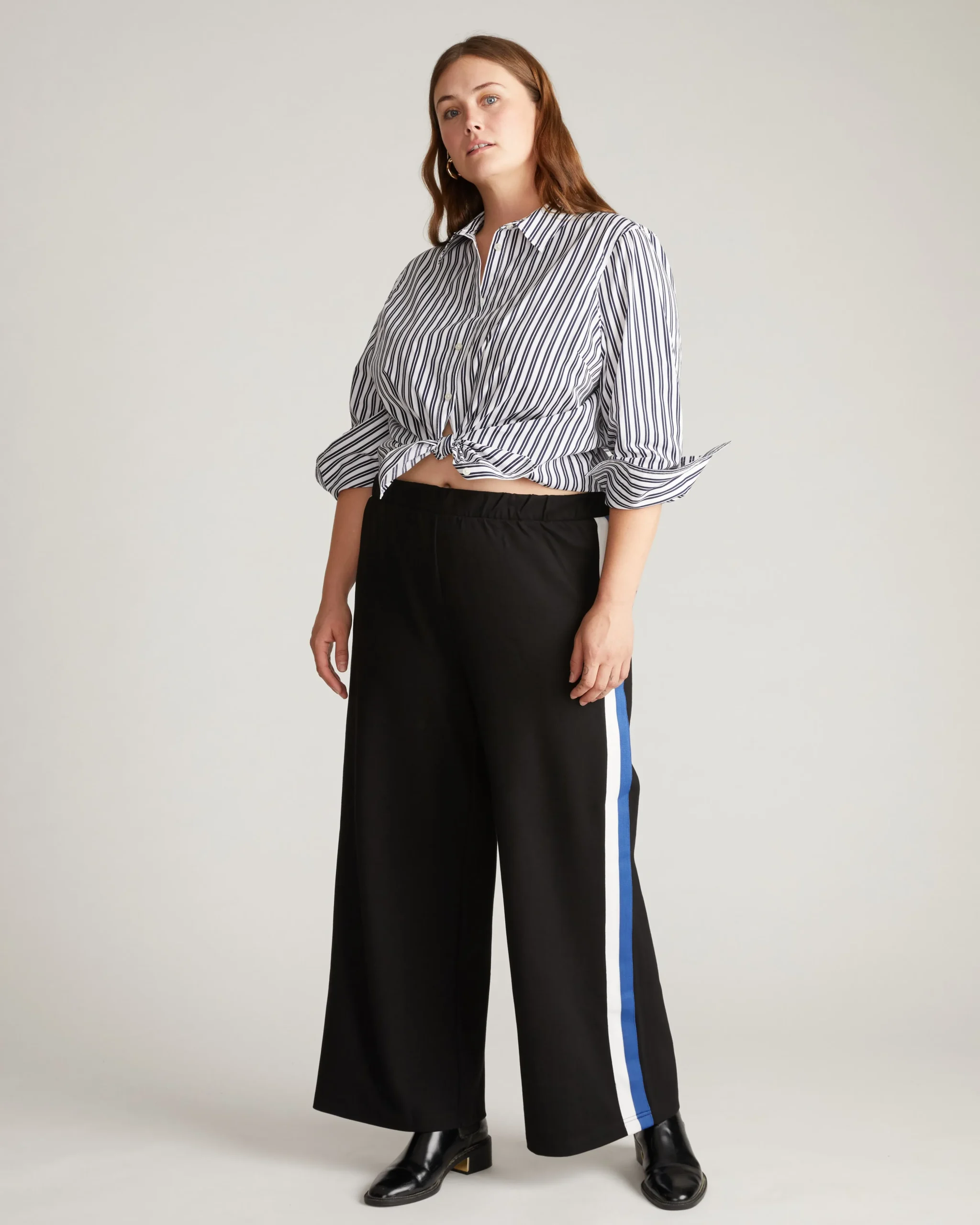 Stephanie Wide Leg Stripe Ponte Pants 30 Inch Black with Blue/White Stripe