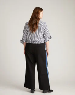 Stephanie Wide Leg Stripe Ponte Pants 30 Inch Black with Blue/White Stripe