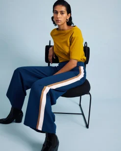 Stephanie Wide Leg Stripe Ponte Pants 30 Inch Deep Teal with Camel/Ecru Stripe
