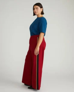 Stephanie Wide Leg Stripe Ponte Pants 30 Inch Garnet with Camel/Black Stripe