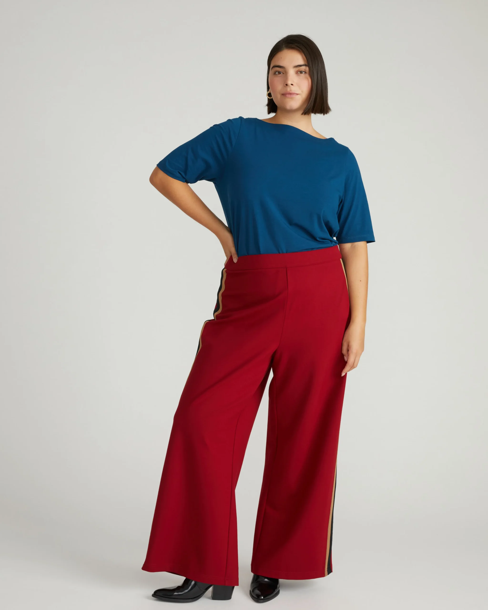 Stephanie Wide Leg Stripe Ponte Pants 30 Inch Garnet with Camel/Black Stripe