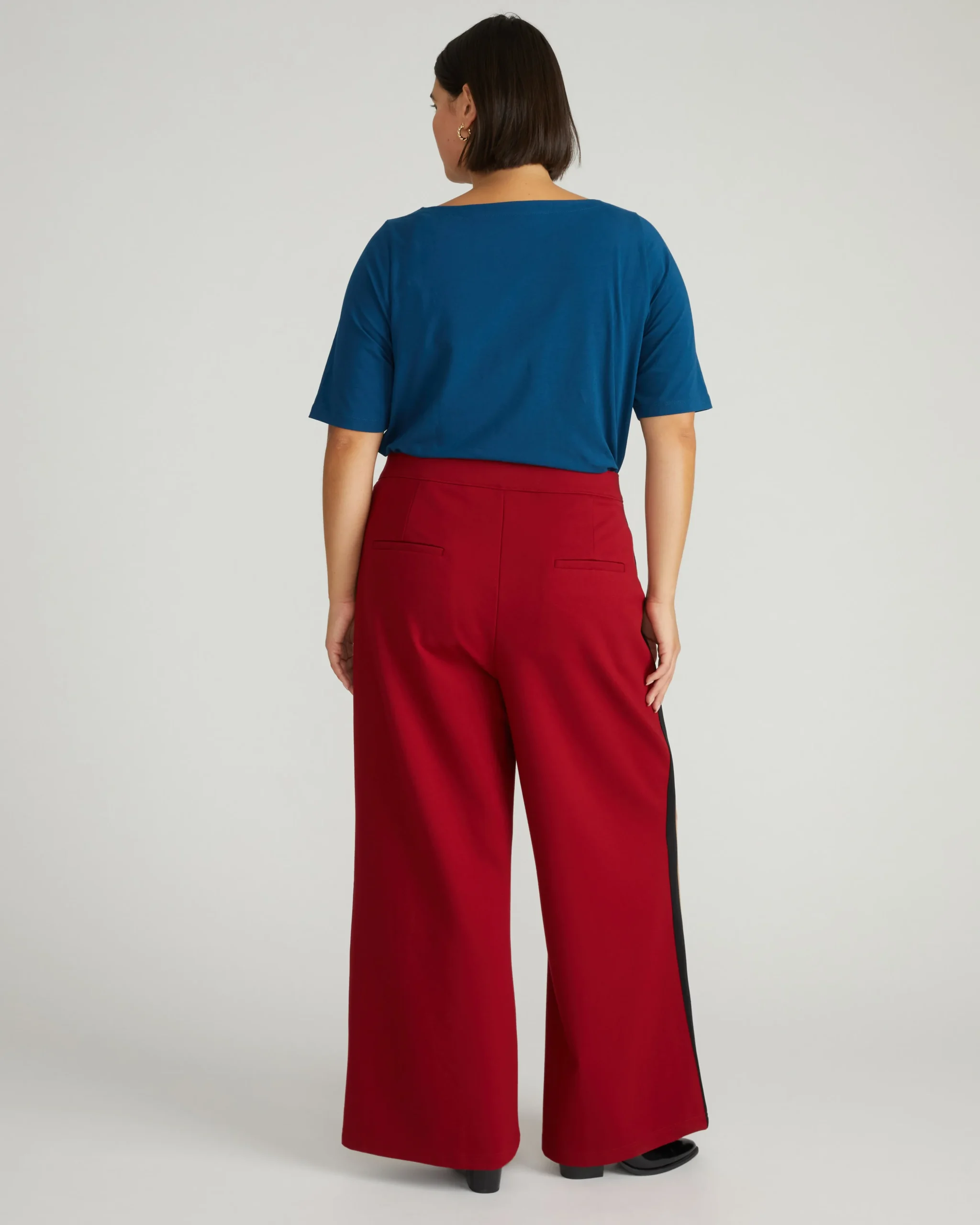 Stephanie Wide Leg Stripe Ponte Pants 30 Inch Garnet with Camel/Black Stripe