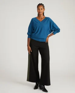Stephanie Wide Leg Stripe Ponte Pants 30 Inch Black with Camo Stripe