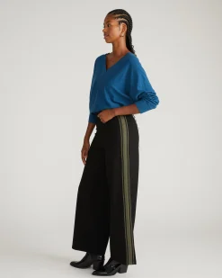 Stephanie Wide Leg Stripe Ponte Pants 30 Inch Black with Camo Stripe