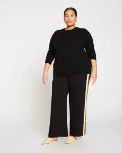 Stephanie Wide Leg Stripe Ponte Pants 30 Inch Black with Ochre/White Stripe