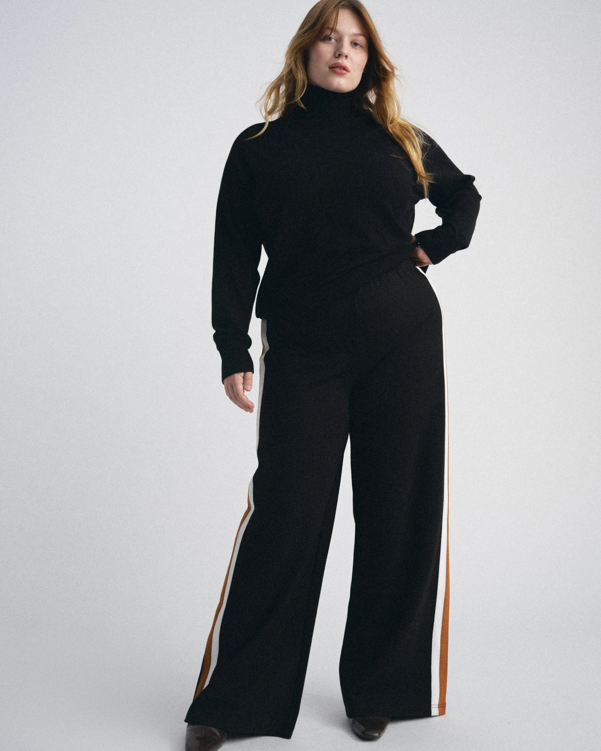Stephanie Wide Leg Stripe Ponte Pants 30 Inch Black with Ochre/White Stripe