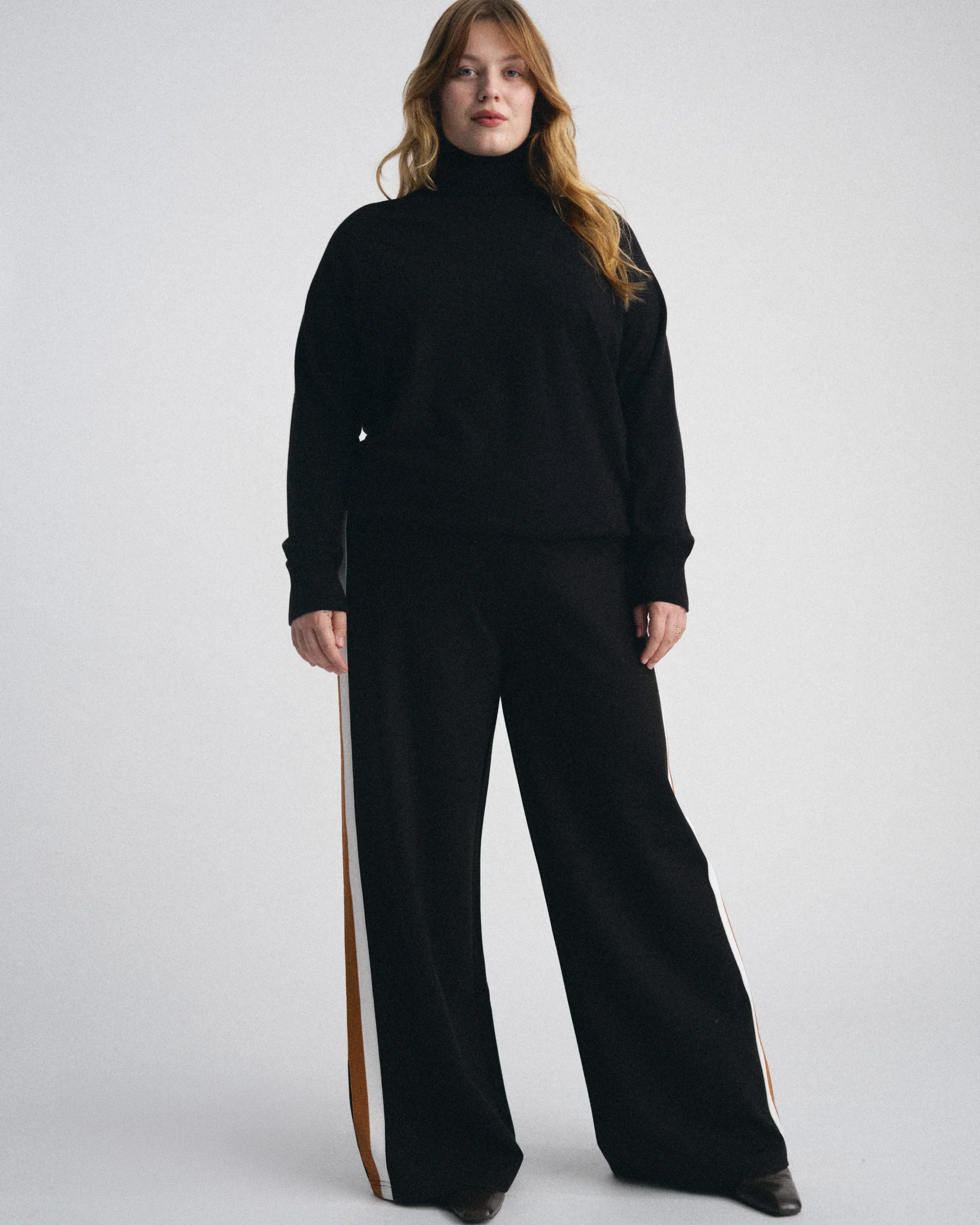 Stephanie Wide Leg Stripe Ponte Pants 30 Inch Black with Ochre/White Stripe