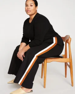 Stephanie Wide Leg Stripe Ponte Pants 30 Inch Black with Ochre/White Stripe