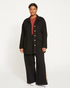 Stephanie Wide Leg Stripe Ponte Pants 30 Inch Black with Ochre/White Stripe