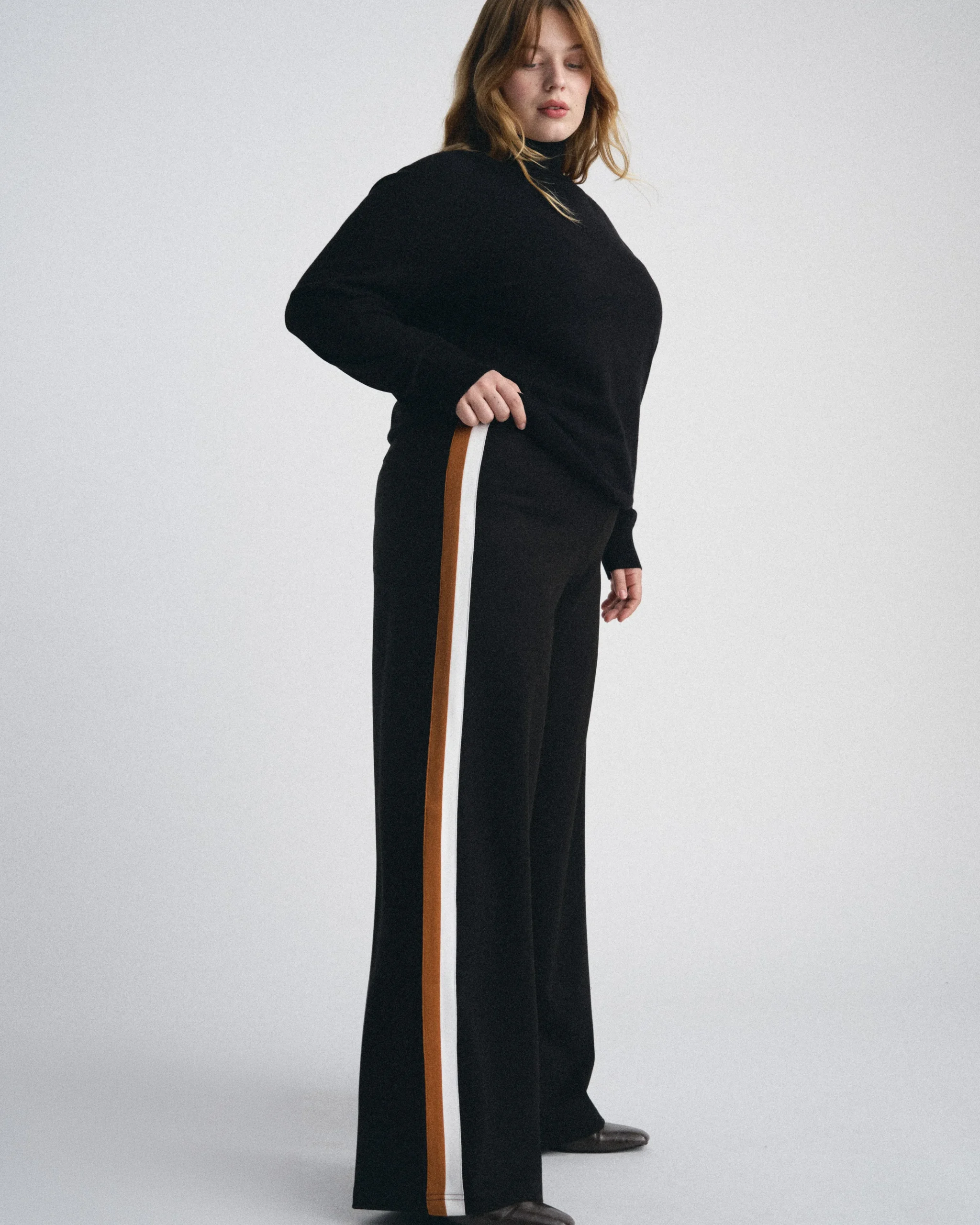 Stephanie Wide Leg Stripe Ponte Pants 30 Inch Black with Ochre/White Stripe