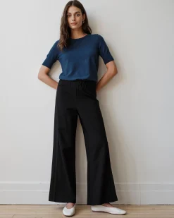 Stephanie Wide Leg Stripe Ponte Pants 30 Inch Black with Black Stripe