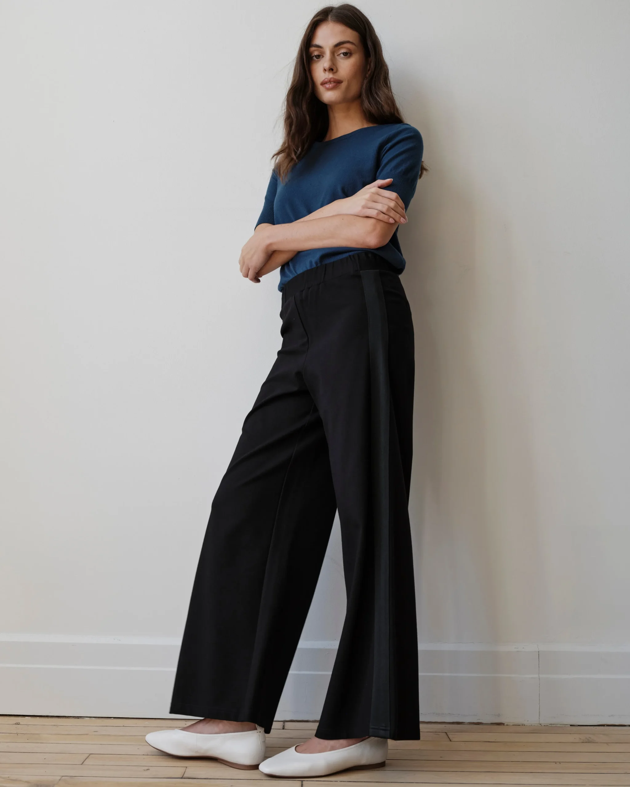 Stephanie Wide Leg Stripe Ponte Pants 30 Inch Black with Black Stripe