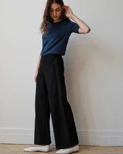 Stephanie Wide Leg Stripe Ponte Pants 30 Inch Black with Black Stripe