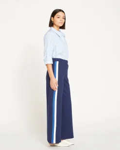 Stephanie Wide Leg Stripe Ponte Pants 30 Inch Navy with Blue/White Stripe