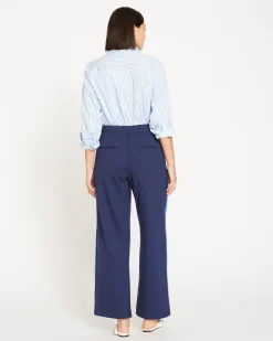 Stephanie Wide Leg Stripe Ponte Pants 30 Inch Navy with Blue/White Stripe