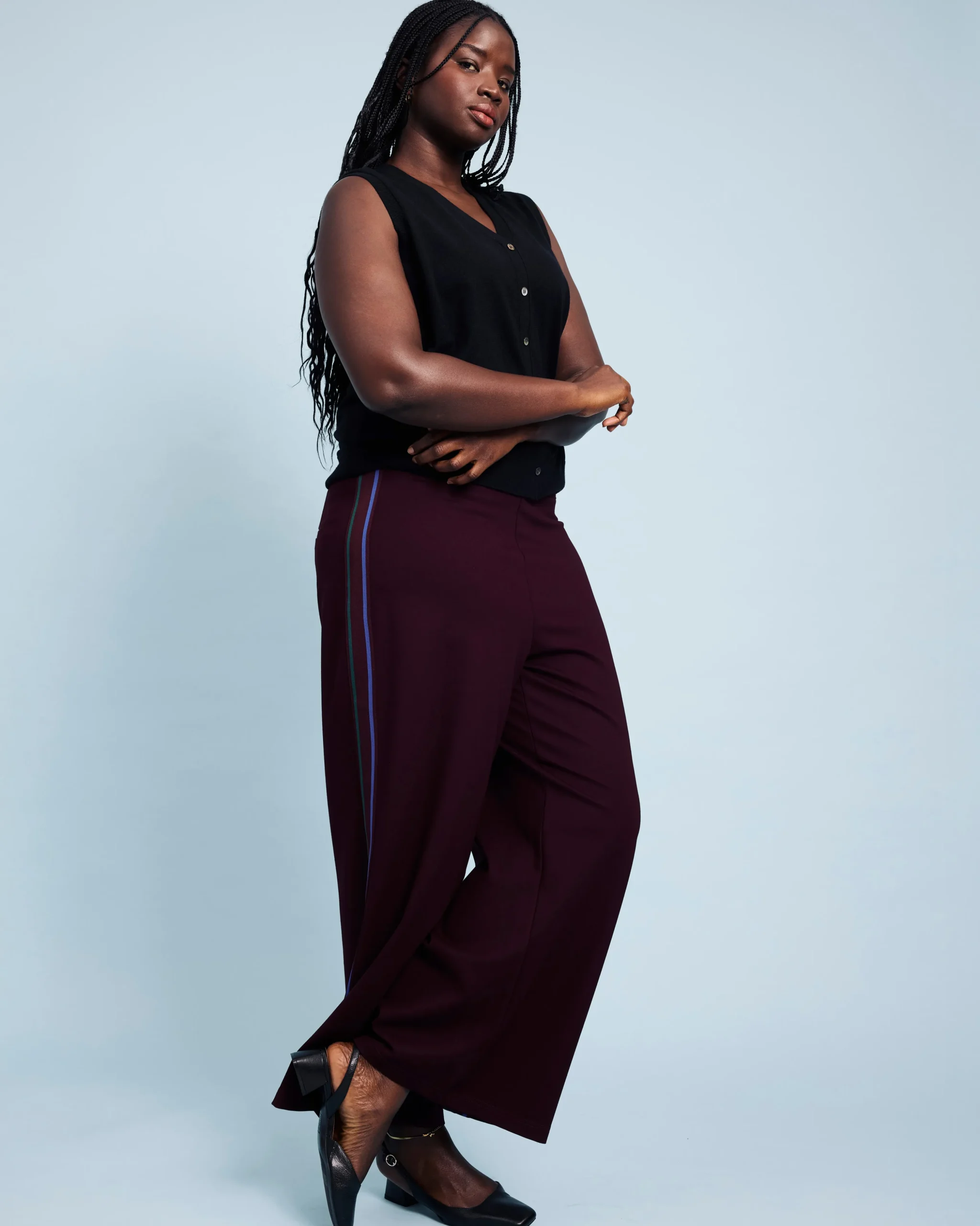 Stephanie Wide Leg Stripe Ponte Pants 30 Inch Black Cherry with Green/Ultramarine Piping