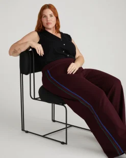 Stephanie Wide Leg Stripe Ponte Pants 30 Inch Black Cherry with Green/Ultramarine Piping