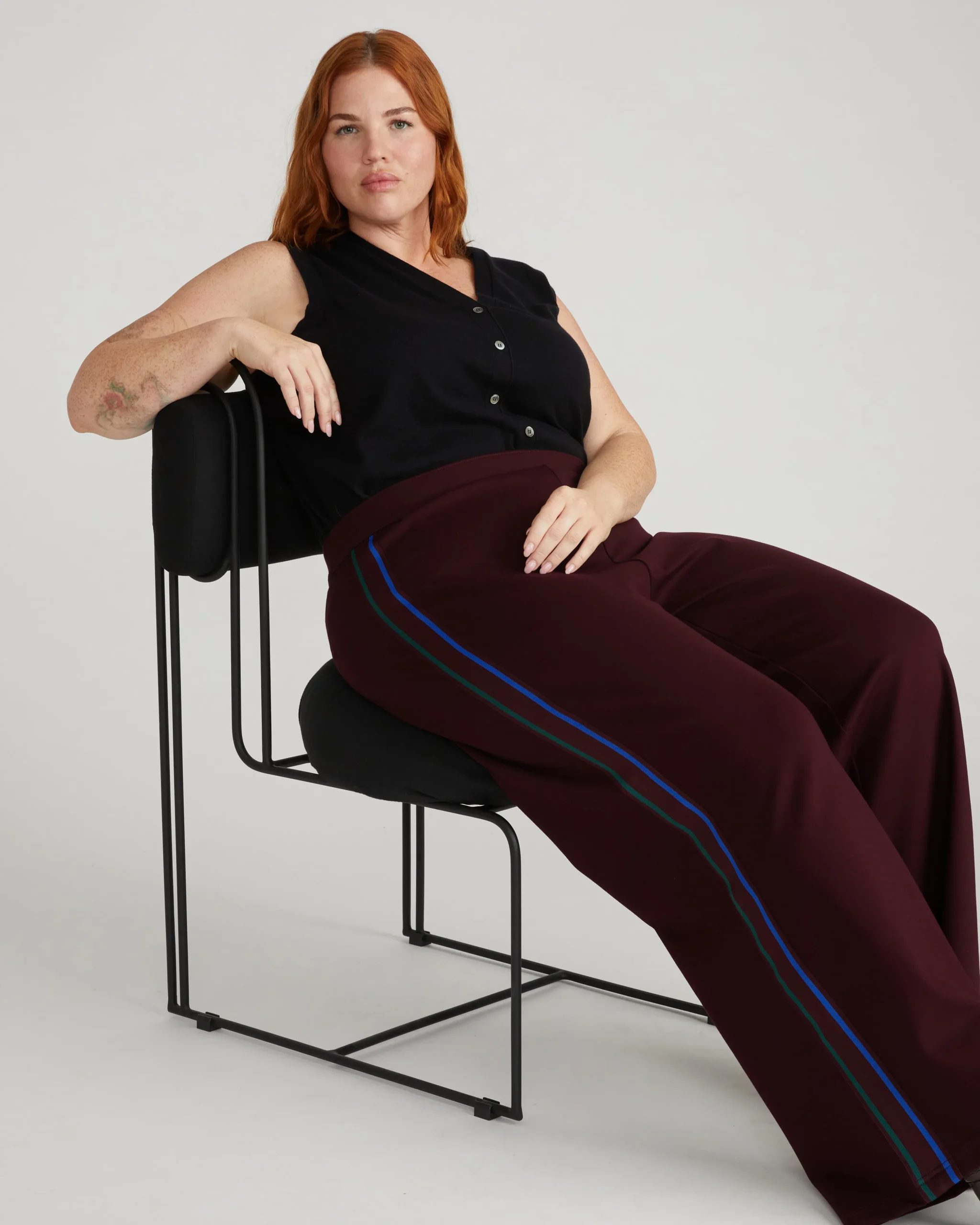 Stephanie Wide Leg Stripe Ponte Pants 30 Inch Black Cherry with Green/Ultramarine Piping