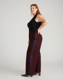Stephanie Wide Leg Stripe Ponte Pants 30 Inch Black Cherry with Green/Ultramarine Piping