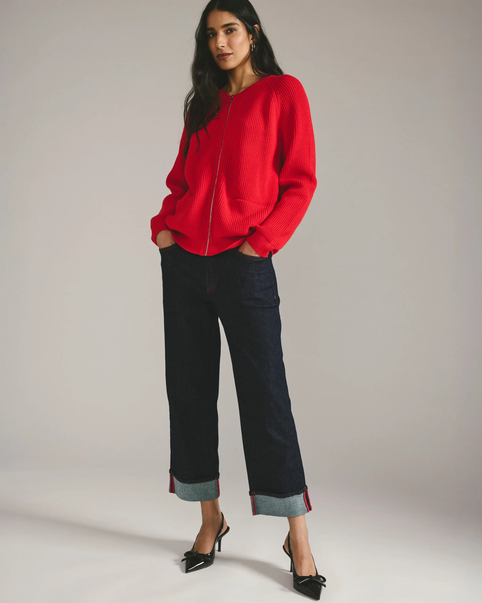 Stevie High Rise Cuffed Straight Leg Jeans Americana Wash with Red Stitching